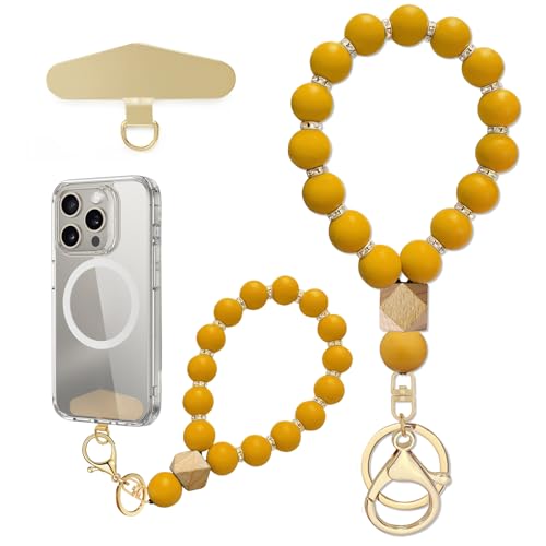 Silicone Beaded Phone Wrist Strap, Phone Bracelet Strap with Tether Tab Elastic Hands Free Wristlet Strap - color: Maize