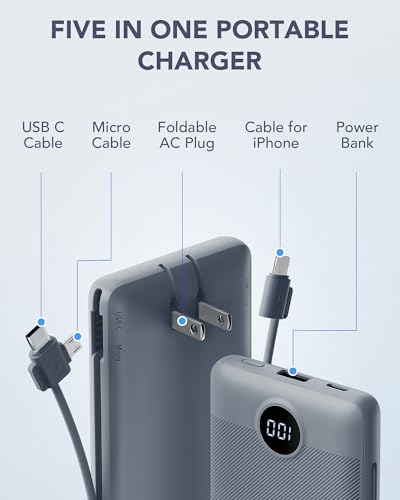 VRURC Portable Charger Built-in Cables and AC Wall Plug, USB C Power Bank 10000mAh, Travel Battery Portable Phone Charger Compact Lightweight External Battery Pack for Smart Phones, Tablets etc-Grey - color: Grey
