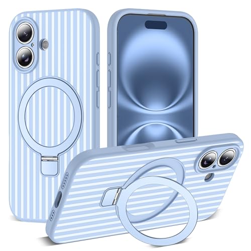 SKYLMW Striped Case for iPhone 16 Plus with Stand,6.7" Blue/White | Aesthetic Striped,Magnetic Stand,Compatible with Mag-Safe,Silicone 16 Plus Phone Case - color: Blue/White, size: Iphone 16 Plus