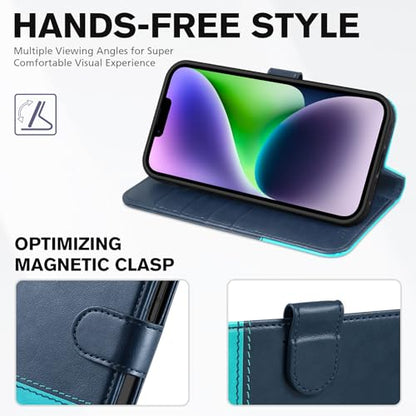 TUCCH Wallet Case for iPhone 14 6.1", 4 Card Holders, Dark Blue & Lake Blue | RFID Blocking, Viewing Stand, Shockproof TPU Shell, PU Leather, Magnetic Closure, Protective Folio Flip Cover - color: Dark Blue & Lake Blue