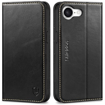 SHIELDON Genuine Leather Wallet Case for iPhone 17e/16e 6.1", Retro Black | Magnetic Closure, RFID Blocking, Credit Card Holder, Kickstand, Folio Design, Shockproof Phone Cover for Men Women - color: Retro Black