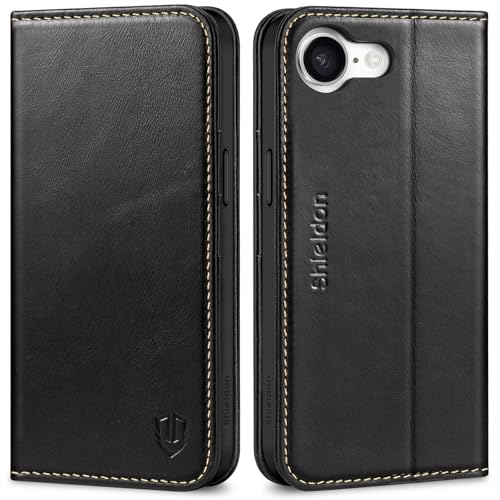 SHIELDON Genuine Leather Wallet Case for iPhone 17e/16e 6.1", Retro Black | Magnetic Closure, RFID Blocking, Credit Card Holder, Kickstand, Folio Design, Shockproof Phone Cover for Men Women - color: Retro Black
