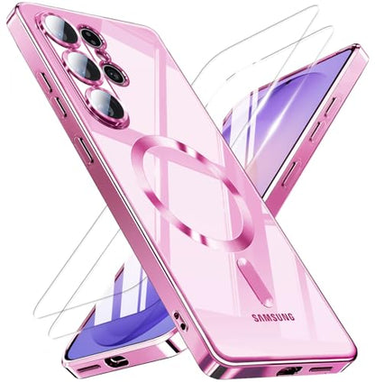 Magnetic for Samsung Galaxy S26 Ultra Case with 2X Screen Protector & Full Camera Cover,Fit with MagSafe,Plating Soft Glossy Luxury Shockproof Women Girls Phone Cases for Galaxy S 26 Ultra ,Hot Pink - color: Hot Pink-S26 Ultra