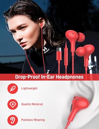 USB C Headphones for Apple/iPhone Duo 18 17 16 15 Wired Earbuds with Case - color: Red