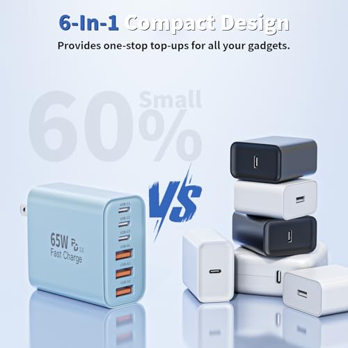 3Pack 65W USB C Charger Block,Apple USB C Charging Block 6-Port GaN Charger - color: Blue, size: 3Pack