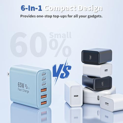 3Pack 65W USB C Charger Block,Apple USB C Charging Block 6-Port GaN Charger - color: Blue, size: 3Pack