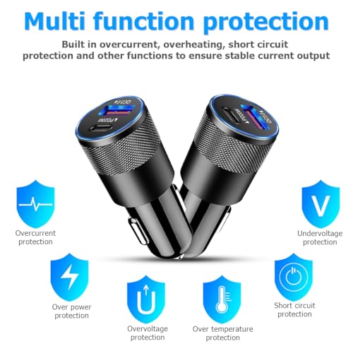 2Pack USB C Car Fast Charger, PD 38W 3.1A 2 Port Auto Quick Charger Adapter, Aluminum Metal Body Vehicle Fast Charging, Car Interior Accessories Fits for iPhone, Samsung Galaxy, and More