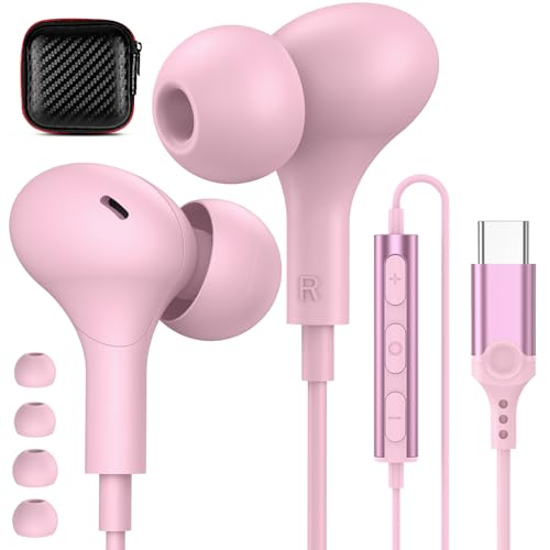 USB C Headphones for iPhone 18 Pro Max 17 16 15/Galaxy S26 FE Wired Earbuds - color: Rose-Pink