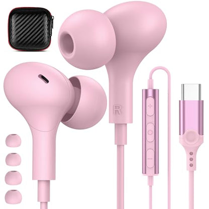 USB C Headphones for iPhone 18 Pro Max 17 16 15/Galaxy S26 FE Wired Earbuds - color: Rose-Pink