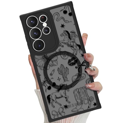 Magnetic for Samsung Galaxy S23 Ultra Case,Black Western Cowboy | Compatible with MagSafe,Cute Floral Pattern Translucent Matte Hard Back Shockproof Anti-Scratch Phone Case for Women Girls - color: Western Cowboy, size: Samsung Galaxy S23 Ultra
