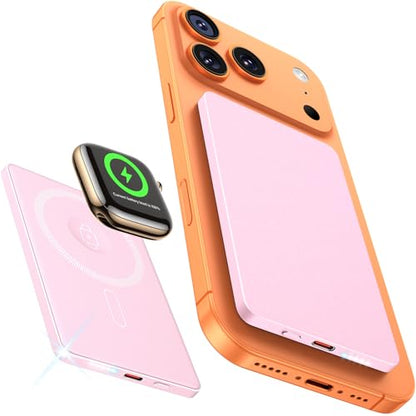 3-in-1 5000mAh for Magsafe Power Bank Thin Slim 22.5W Magnetic Battery Pack - color: Pink