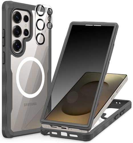 CENHUFO Magnetic Privacy for Samsung Galaxy S25 Ultra Case, Full Body Phone Case with Built-in 9H Tempered Glass Privacy Screen Protector and Camera Lens Cover, Shockproof Protective Bumper - Grey - color: Grey, size: S25 Ultra