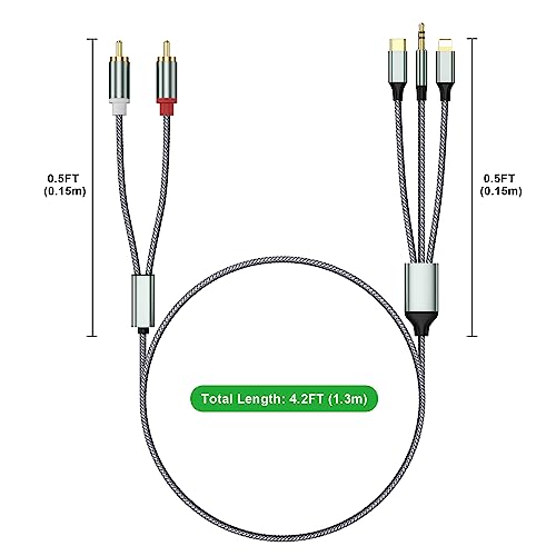 Lightning to RCA Cable Audio Aux Adapter（3.3M）,RCA to 3.5mm Cable，USB C to 2 RCA Audio Cable， (3 in 1 audio cable) for Power Amplifier, Car, Home Theater, Speaker and More(Lightning Compatible)