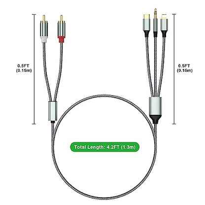 Lightning to RCA Cable Audio Aux Adapter（3.3M）,RCA to 3.5mm Cable，USB C to 2 RCA Audio Cable， (3 in 1 audio cable) for Power Amplifier, Car, Home Theater, Speaker and More(Lightning Compatible)