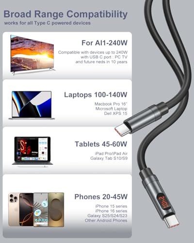 USB C to USB C Cable 4ft, 240W Fast Charging Type C Charger LED Display - size: 4ft