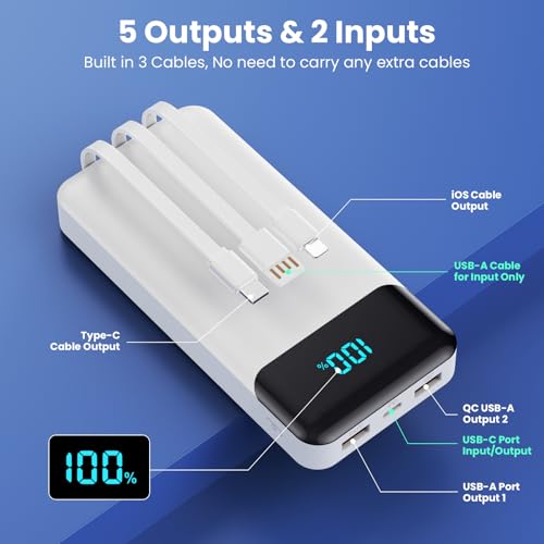 Portable Charger 40800mAh Power Bank,Built-in Cables,25W Fast Charging - color: White