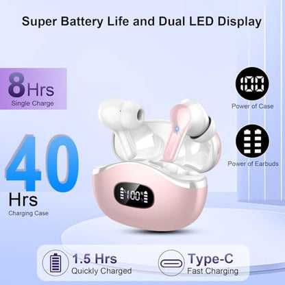 Wireless Earbuds, 2026 Bluetooth 5.4 Headphones Bass Stereo, Ear Buds with 4 Mics ENC Noise Cancelling, Bluetooth Earbuds 48H Playtime LED Display Pink - color: Deep Pink