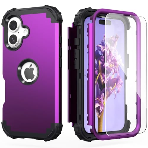 IDweel for iPhone 17 Case with Screen Protector for Men, 3 in 1 Shockproof Slim Fit Hybrid Heavy Duty Hard PC Cover Soft Silicone Bumper Full Body Anti-Fingerprint Case, Dark Purple - color: Dark Purple