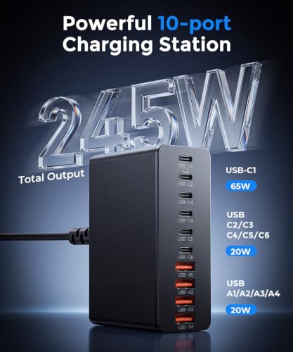 USB C Charging Station 10 Port with 4 Cables,245W GaN Charger Block - color: Black