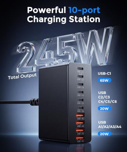 USB C Charging Station 10 Port with 4 Cables,245W GaN Charger Block - color: Black