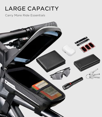 whale fall Bike Frame Bag, Molded Hard Shell, Reflective Bike Phone Holder | Waterproof Top Tube Bag with TPU Touchscreen, Fits Phones up to 7", Includes Rain Cover for Commuting and Night Riding - color: Black - Reflective Strip
