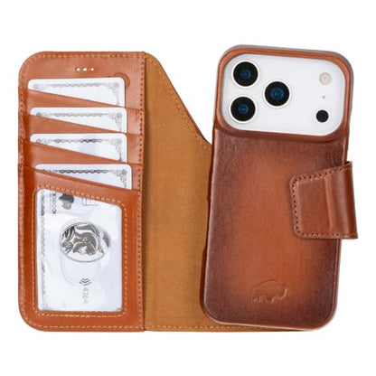BLACKBROOK Detachable Leather Wallet Case Compatible with iPhone 17 Pro | Full-grain detachable folio with RFID blocking, 3 card slots, ID window, built-in kickstand, wireless charging, handcrafted. - color: Burnished Tan, size: iPhone 17 Pro