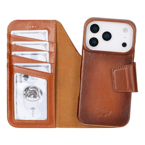 BLACKBROOK Detachable Leather Wallet Case Compatible with iPhone 17 Pro | Full-grain detachable folio with RFID blocking, 3 card slots, ID window, built-in kickstand, wireless charging, handcrafted. - color: Burnished Tan, size: iPhone 17 Pro
