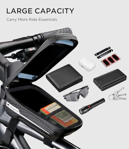 whale fall Bike Frame Bag Waterproof, 3D EVA Hard Shell, Bike Phone Holder | Top Tube Bag with TPU Touchscreen, Fits Phones up to 7", Adjustable Straps for Most Frames, Includes Rain Cover - color: Black