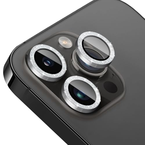 TENOC Camera Lens Protector for iPhone 12 Pro Max, Silver Glitter Individual Metal Ring with 9H Tempered Glass, Bling Sparkle Case Friendly Cover