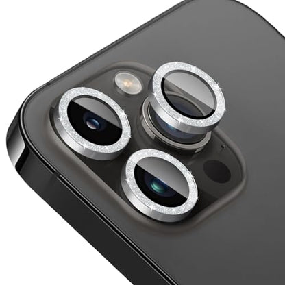 TENOC Camera Lens Protector for iPhone 12 Pro Max, Silver Glitter Individual Metal Ring with 9H Tempered Glass, Bling Sparkle Case Friendly Cover