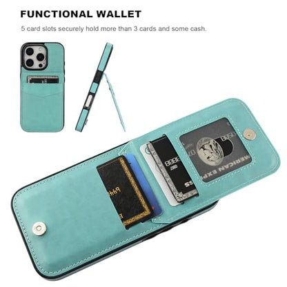 KIHUWEY for iPhone 16 Pro Wallet Case Card Holder Kickstand, Mint Green | Credit Card Slots, PU Leather, Magnetic Clasp, Flip Heavy Duty Protection Cover for Men and Women - color: Mint Green