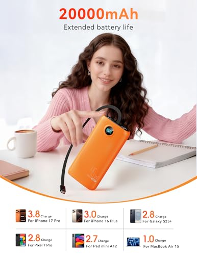 DIAMUAR Portable Charger 20000mAh 45W, Built in USB C Cable, 3W Flashlight - color: Orange