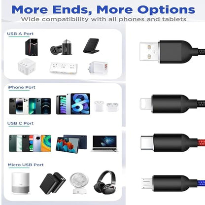 3 in 1 Nylon Braided Charging Cord Set,4Pack Multifunction USB Charger Cable Kit,Multiple Fast Charger Cords Suit for Car,Home,Office,Travel