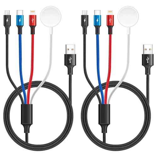 2Pack Multi Charging Cable Braided USB C/Lightning/Micro Port for Apple Watch Charger USBC Magnetic Wireless Charger iWatch Series 11-1/iPhone 17 16 15 14/Galaxy Android/PS-4ft