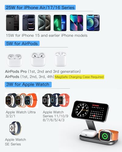 3-in-1 Charging Station for Apple Device, Qi2 25W Certified Magnetic Wireless Fast Charger Stand Compatible with MagSafe for iPhone 18/17/16/15/14/13/12/Air/Duo Series, Apple Watch & AirPods - color: MatteBlack