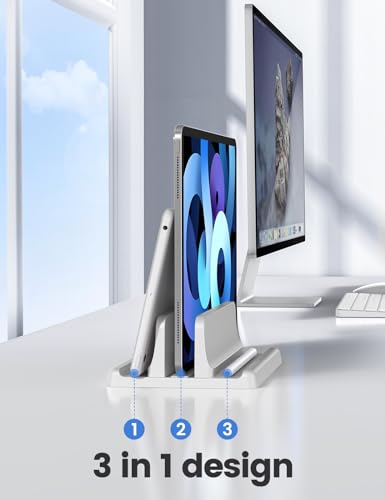 Vaydeer Vertical Laptop Stand Holder Plastic Adjustable Desktop Notebook Dock Space-Saving 3 in 1 for All MacBook Pro Air, Mac, HP, Dell, Microsoft Surface, Lenovo, up to 17.3 inches (White) - color: White