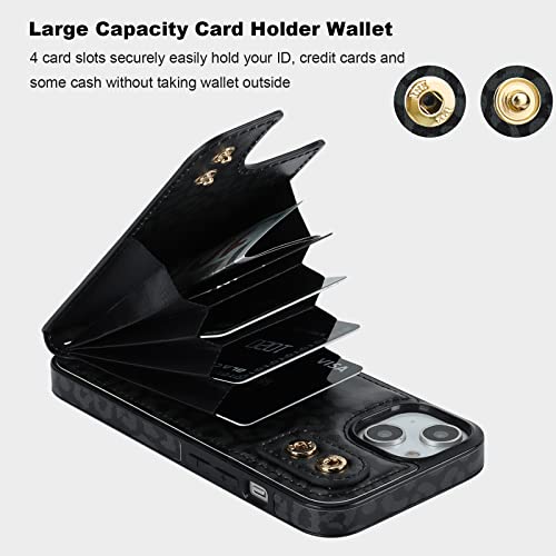 HAOPINSH for iPhone 13/ iPhone 14 Wallet Case with Card Holder, 360°Rotation Ring Kickstand, Black Leopard Cheetah Pattern, RFID Blocking Leather for Girls Women, Double Buttons Flip 6.1" - color: Black Leopard