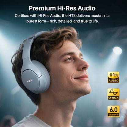 TOZO HT3 Hybrid Noise Cancelling Wireless Headphones, 90H Over Ear Headset - color: Titanium Blue