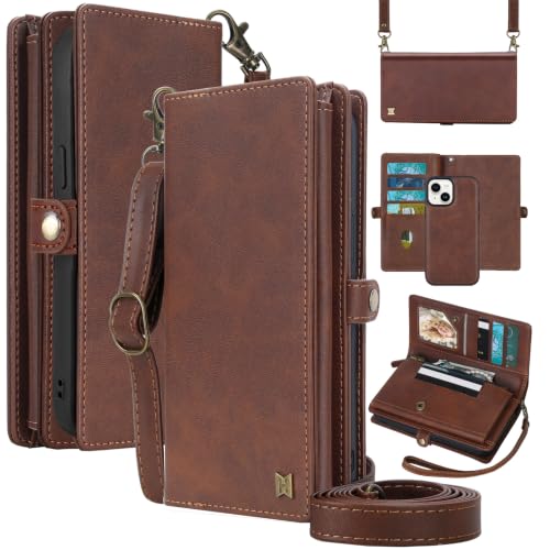 for Wallet Case Compatible with iPhone 14,Multi-Function Detachable 2 in 1 Magnetic iPhone 14 Wallet,Flip Strap Zipper Card Holder Phone Case with Shoulder Straps(Brown) - color: Brown, size: iPhone 14