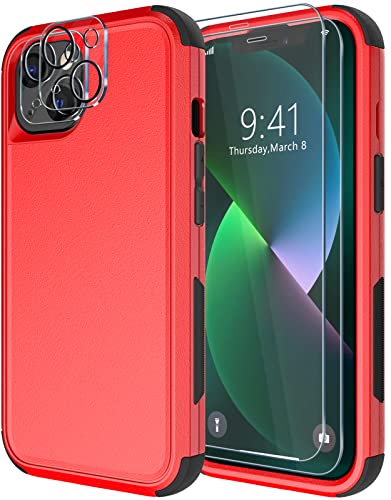 Diverbox for iPhone 13 Case [Shockproof] [Dropproof] [Tempered Glass Screen Protector + Camera Lens Protector],Heavy Duty Protection Phone Case Cover for Apple iPhone 13 (Red) - color: 13-Red-screen protector