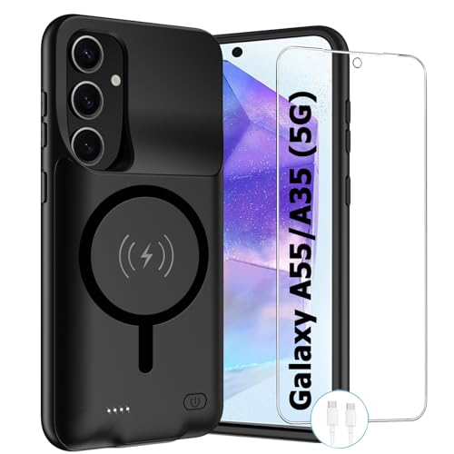Battery Case for Galaxy A35/ A55, 12000mAh Rechargeable Portable Wireless Charging Case Compatible with Galaxy A35/ A55 5G (6.6 inch) with Carplay Extended Battery Pack Charger Power Case (Black) - size: Galaxy A35/A55