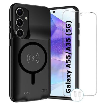 Battery Case for Galaxy A35/ A55, 12000mAh Rechargeable Portable Wireless Charging Case Compatible with Galaxy A35/ A55 5G (6.6 inch) with Carplay Extended Battery Pack Charger Power Case (Black) - size: Galaxy A35/A55