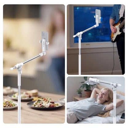 NEEWER Basics Phone Floor Stand with Horizontal Extension Arm, Adjustable Cell Phone Holder Clamp Mount Compatible with iPhone Samsung for Video Recording Bed Lying Down, Weighted Base, ST009 White
