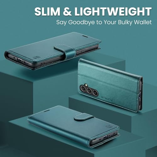 FLIPALM Wallet Case for Samsung Galaxy A15 5G, Blue-Green | Card Holder, RFID Blocking, PU Leather Folio Flip, Kickstand, Protective Shockproof Cover - color: Blue-Green