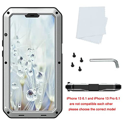 for iPhone 13 Case, 360 Full Body Protective Cover Heavy Duty Shockproof Tough Armour Aluminum Metal Case with Silicone Built-in Screen Protector for Apple iPhone 13 6.1 Inch - Silver - color: Silver