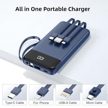 Portable Charger Built-in Cables,10000mAh Fast Charge Power Bank for iPhone - color: Navy