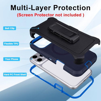 Magnetic for iPhone 17 Pro Max Case with Clip & 360°Rotating Kickstand | Compatible with MagSafe, Anti-Drop Shockproof Heavy Duty Outdoors Case for iphone 17 Pro Max Men Women, Navy Blue 6.9 Inch - color: Navy+Blue