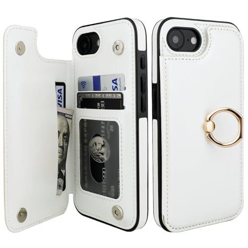 ONETOP for iPhone 17e/16e Wallet Case with Credit Card Holder,White | 360° Rotation Ring Kickstand,Finger Grip,Double Magnetic Clasp,RFID Blocking PU Leather Shockproof Cover for Women Men - color: White