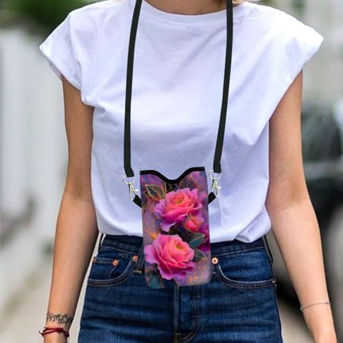 Neoprene Cell Phone Sleeve Pouch Case Bag with Crossbody Strap Neck Lanyard for Women 7.1 X 3.9 in Beautiful Flowers - color: Beautiful Flowers