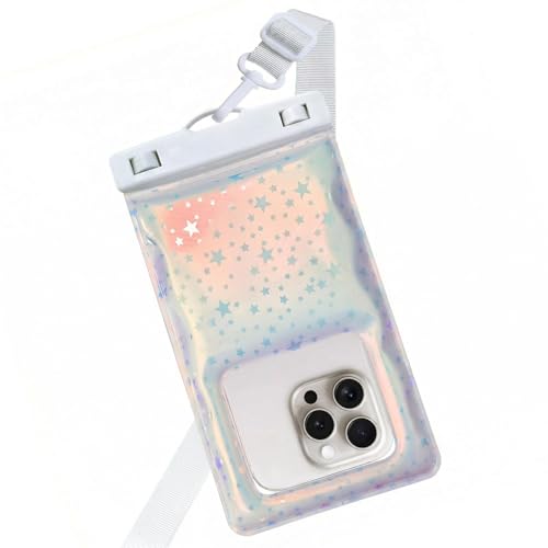 Floatable Waterproof Phone Pouch/Case with Crossbody Lanyard for iPhone 17 16 Pro Max/15/14, IP68 Cellphone Dry Bag Beach Cruise Ship Essentials, 1 Pc-Iridescent Star Style-7″ - color: B8-Iridescent star style